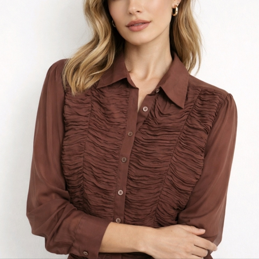 Max Studio Blouse 100% Silk Chocolate Brown Ruched Size S